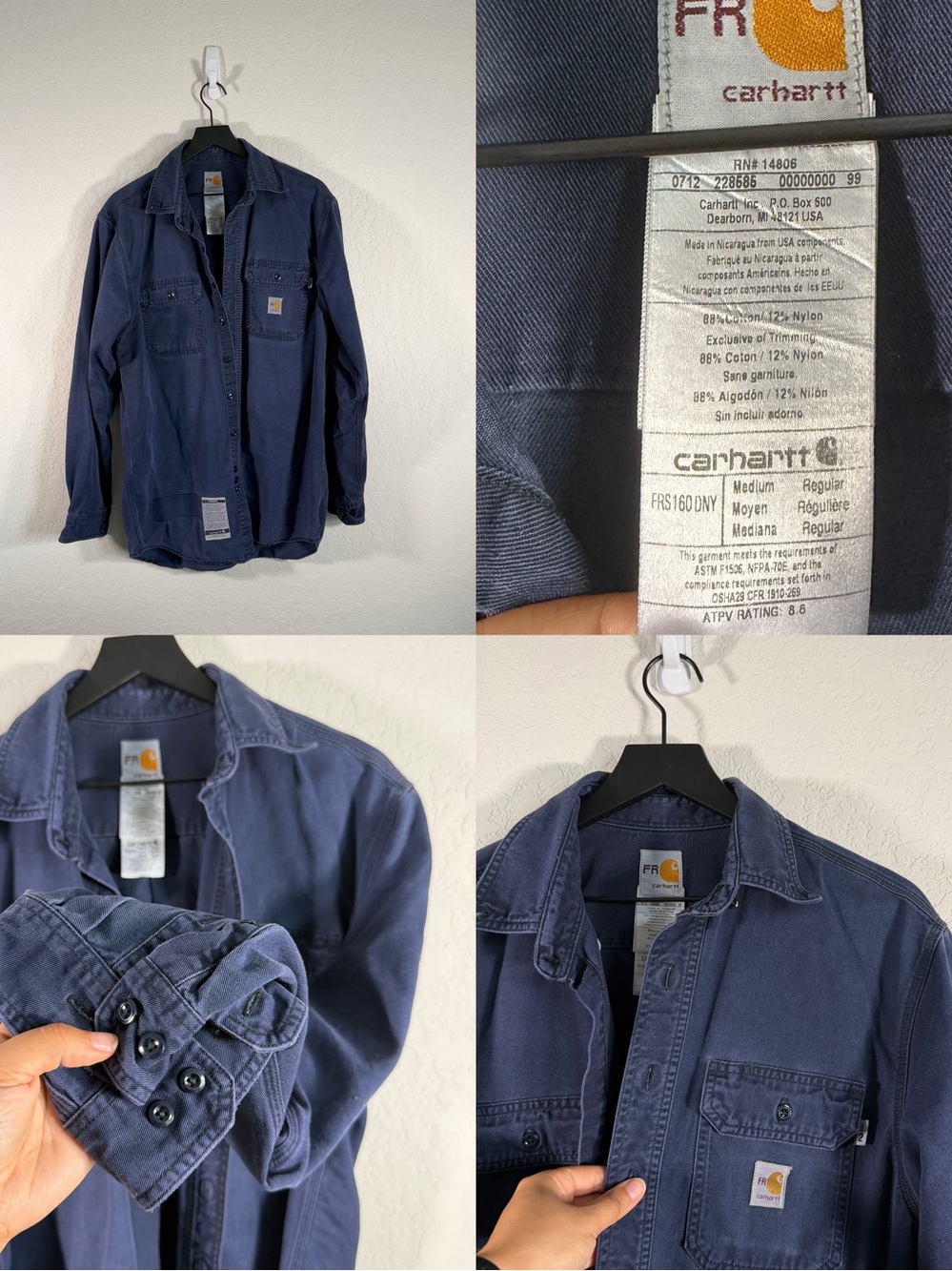 •CARHARTT• Dark Navy Blue FR Fire Resistant Work Shirt Button Up Size Medium